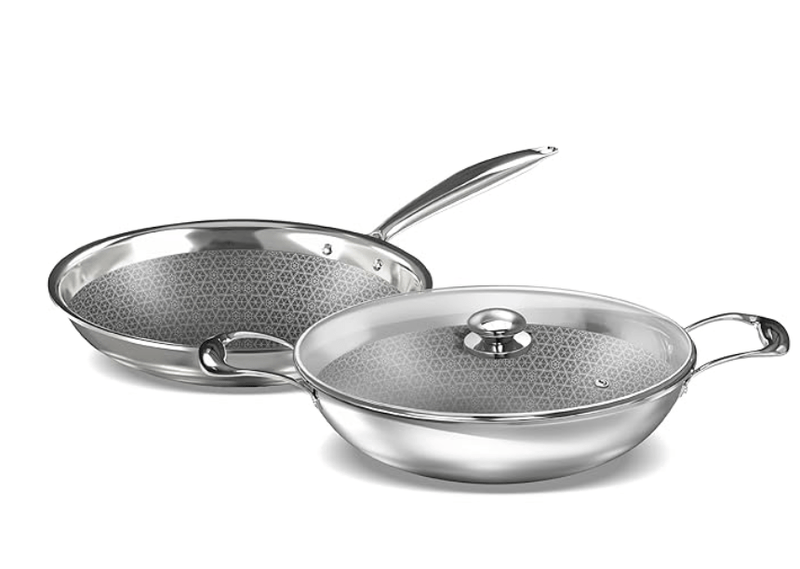 ‎Preethi Diva Collection Triply Stainless Steel Set with API Technology, 26 cm Kadai, 26 cm Fry Pan, Gas & Induction Compatible,with Glass Lid, Metal Spatula Friendly with 5 Year Product Warranty-1