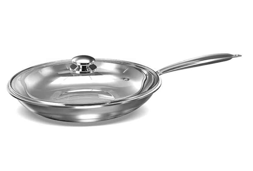 ‎Preethi Metallica Collection Triply Stainless Steel Frypan with Glass Lid, 26 cm, Gas & Induction Compatible, Metal Spatula Friendly with 5 Year Product Warranty