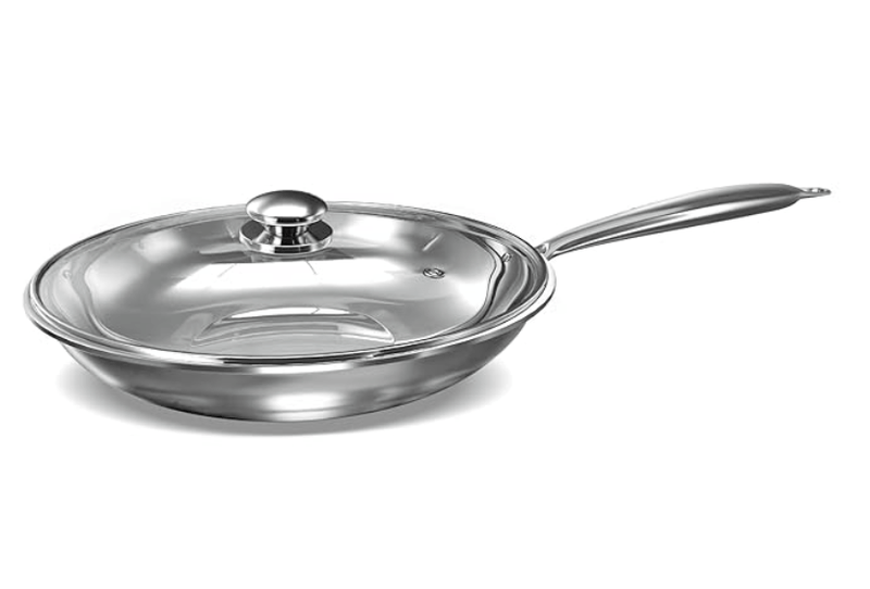 ‎Preethi Metallica Collection Triply Stainless Steel Frypan with Glass Lid, 26 cm, Gas & Induction Compatible, Metal Spatula Friendly with 5 Year Product Warranty-1