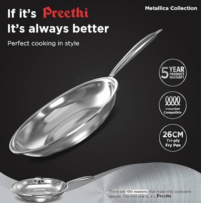 ‎Preethi Metallica Collection Triply Stainless Steel Frypan with Glass Lid, 26 cm, Gas & Induction Compatible, Metal Spatula Friendly with 5 Year Product Warranty