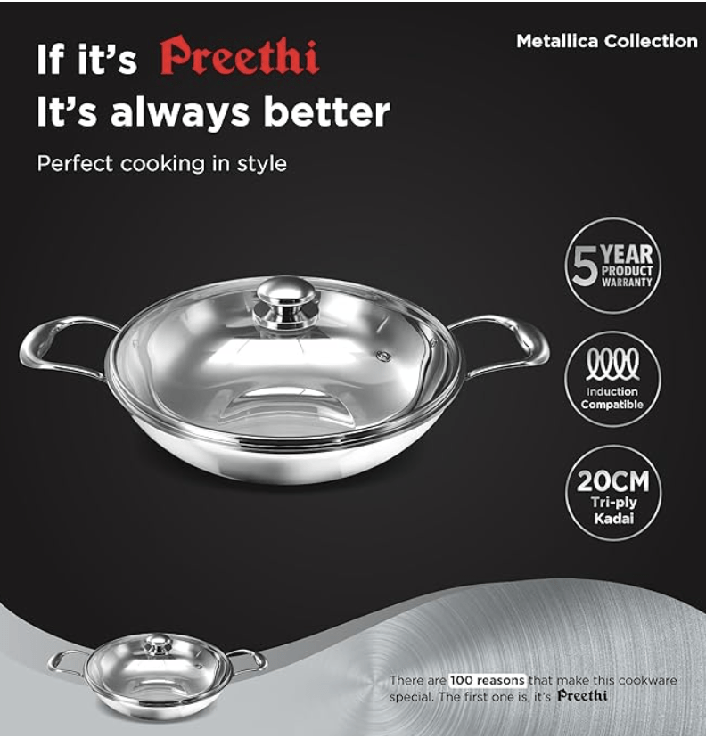‎Preethi Metallica Collection Triply Stainless Steel Kadai with Glass Lid, 20 cm, Gas & Induction Compatible, Metal Spatula Friendly with 5 Year Product Warranty
