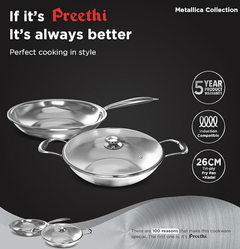 ‎Preethi Metallica Collection Triply Stainless Steel set, 26 cm Kadai with Glass Lid, 26 cm Fry Pan, Gas & Induction Compatible, Metal Spatula Friendly with 5 year product warranty-2