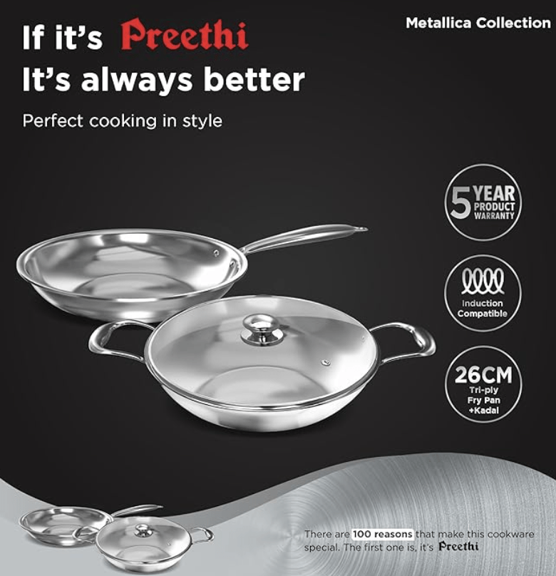 ‎Preethi Metallica Collection Triply Stainless Steel set, 26 cm Kadai with Glass Lid, 26 cm Fry Pan, Gas & Induction Compatible, Metal Spatula Friendly with 5 year product warranty-2