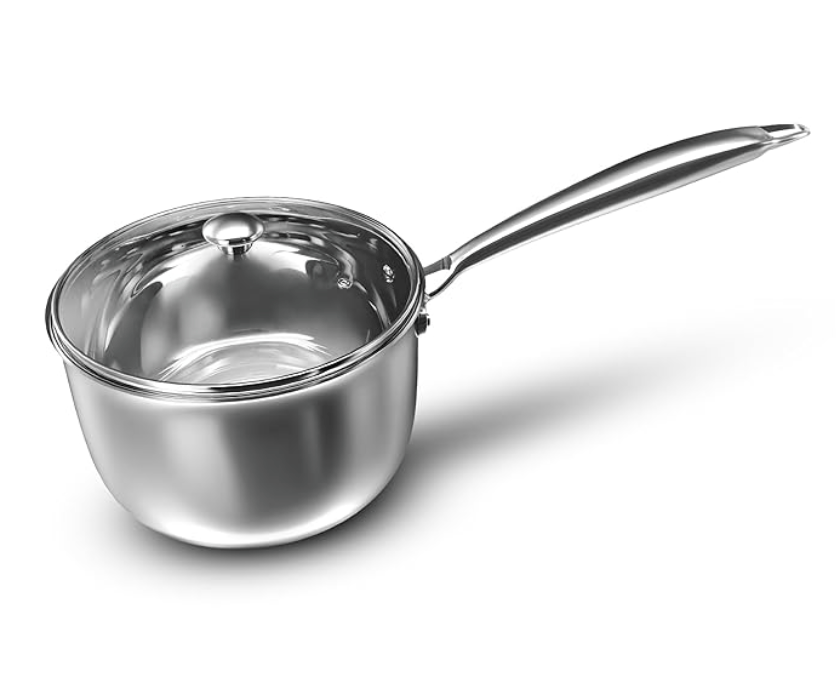 ‎Preethi Metallica Collection Triply Stainless Steel Milk Pan with Glass Lid, 16 cm, Gas & Induction Compatible, Metal Spatula Friendly with 5 Year Product Warranty
