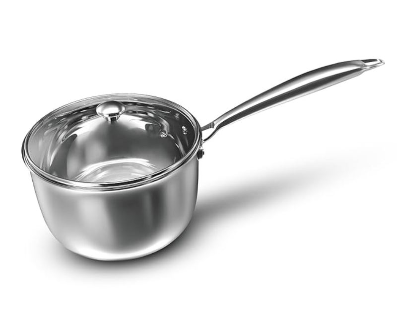 ‎Preethi Metallica Collection Triply Stainless Steel Milk Pan with Glass Lid, 16 cm, Gas & Induction Compatible, Metal Spatula Friendly with 5 Year Product Warranty-1