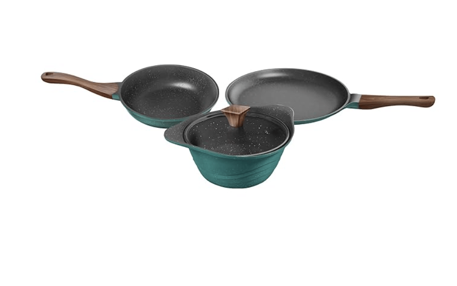 Preethi Artistic Collection Die Cast Non Stick Set, 27 cm Tawa, 24 cm Fry Pan, Kadai 24 cm with Glass Lid, 5 Star Non Stick Effect, Cook & Serve, Ocean Green