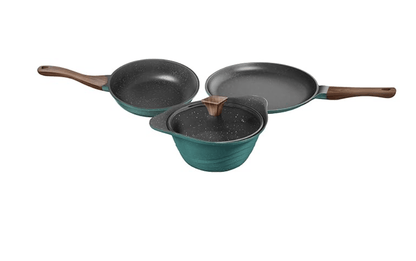 Preethi Artistic Collection Die Cast Non Stick Set, 27 cm Tawa, 24 cm Fry Pan, Kadai 24 cm with Glass Lid, 5 Star Non Stick Effect, Cook & Serve, Ocean Green