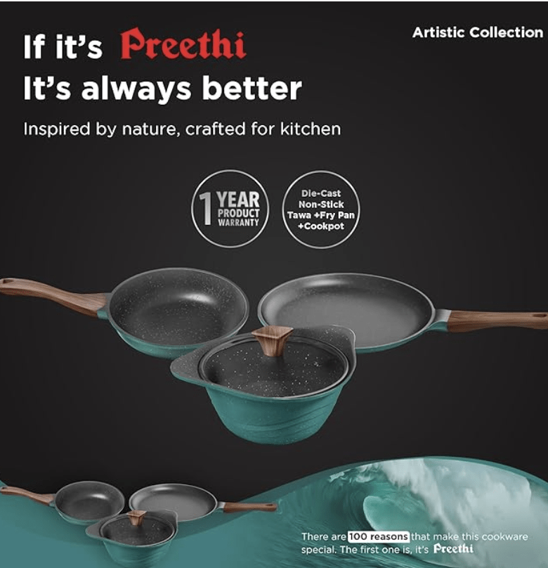 Preethi Artistic Collection Die Cast Non Stick Set, 27 cm Tawa, 24 cm Fry Pan, Kadai 24 cm with Glass Lid, 5 Star Non Stick Effect, Cook & Serve, Ocean Green