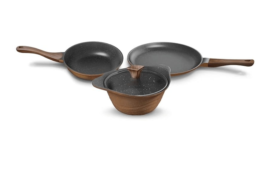 Preethi Artistic Collection Die Cast Non Stick Set, 27 cm Tawa, 24 cm Fry Pan, Kadai 24 cm with Glass Lid, 5 Star Non Stick Effect, Cook & Serve, Earthy Brown