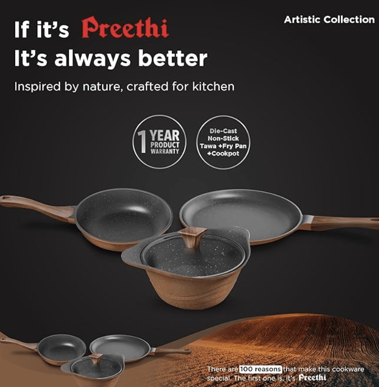 Preethi Artistic Collection Die Cast Non Stick Set, 27 cm Tawa, 24 cm Fry Pan, Kadai 24 cm with Glass Lid, 5 Star Non Stick Effect, Cook & Serve, Earthy Brown