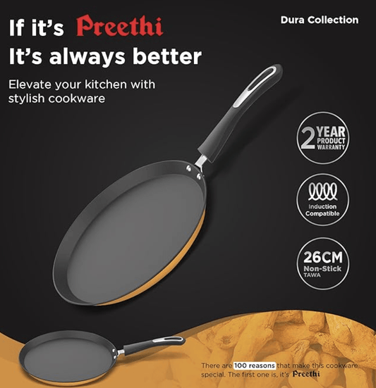 ‎Preethi Dura Collection Non Stick Tawa, 26 cm, Gas & Induction Compatible, 5 Star Non Stick Effect, Turmeric Yellow