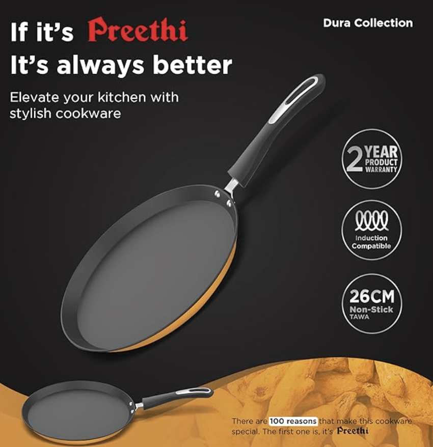 ‎Preethi Dura Collection Non Stick Tawa, 26 cm, Gas & Induction Compatible, 5 Star Non Stick Effect, Turmeric Yellow