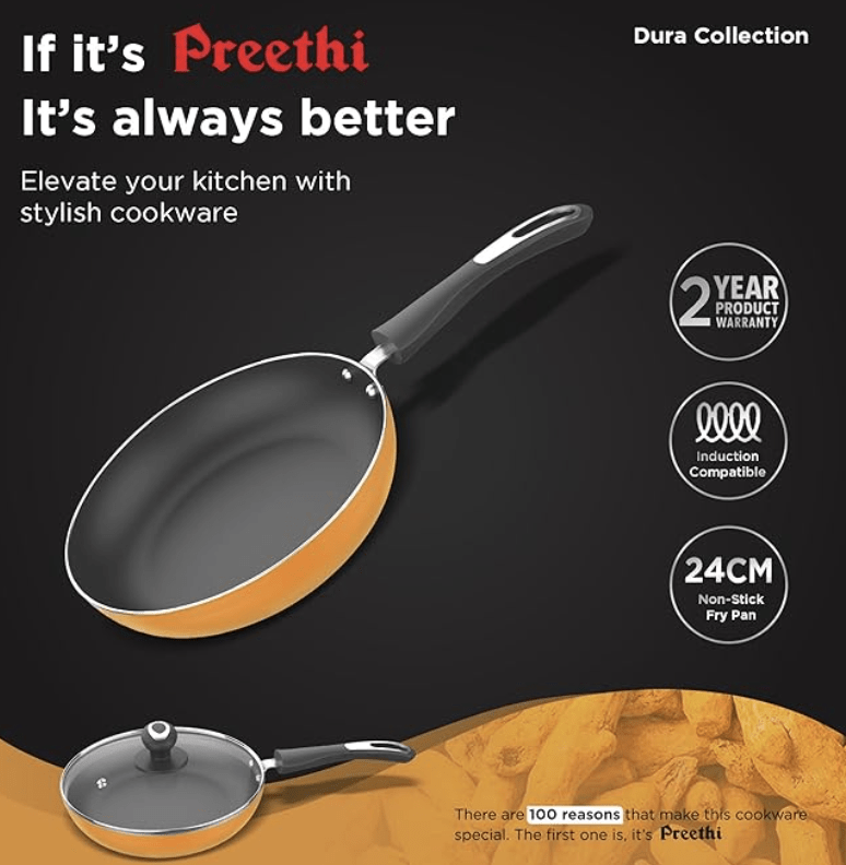 ‎Preethi Dura Collection Non Stick Fry Pan, 24 cm, with Glass Lid, Gas & Induction Compatible, 5 Star Non Stick Effect, Turmeric Yellow