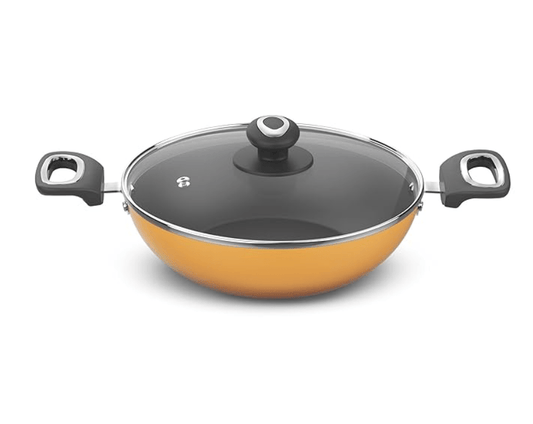 ‎Preethi Dura Collection Non Stick Kadai, 24 cm, with Glass Lid, Gas & Induction Compatible, 5 Star Non Stick Effect, Turmeric Yellow