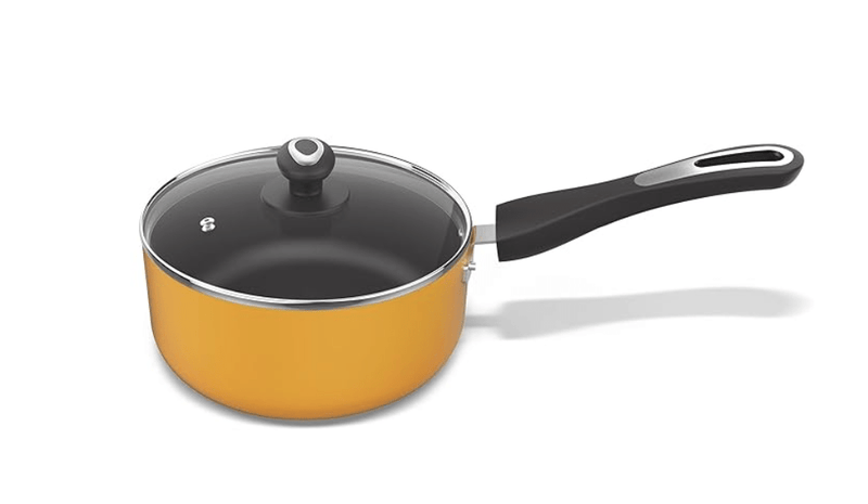 ‎Preethi Dura Collection Non Stick Milk Pan, 16 cm, with Glass Lid, Gas & Induction Compatible, 5 Star Non Stick Effect, Turmeric Yellow-1