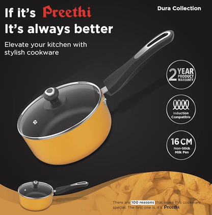 ‎Preethi Dura Collection Non Stick Milk Pan, 16 cm, with Glass Lid, Gas & Induction Compatible, 5 Star Non Stick Effect, Turmeric Yellow