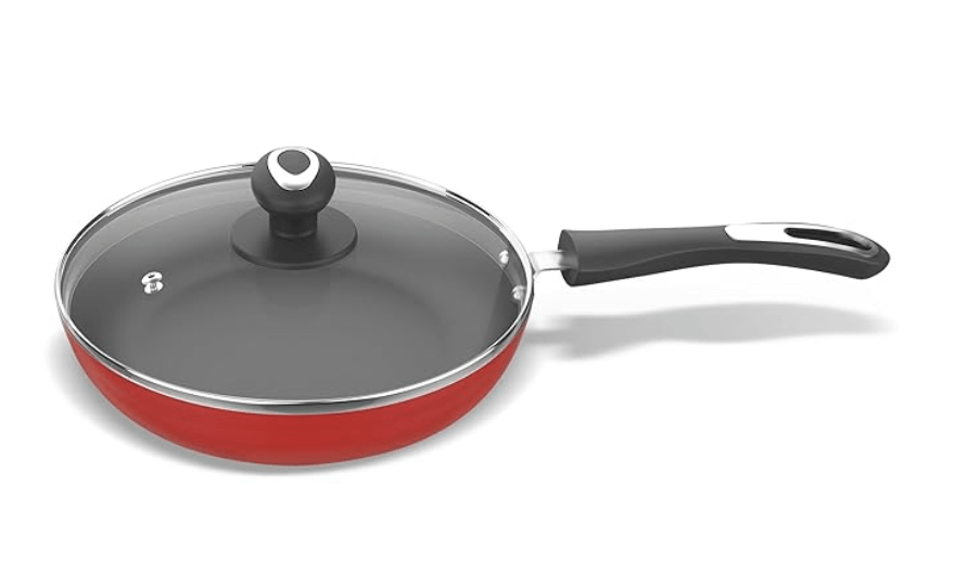 ‎Preethi Dura Collection Non Stick Fry Pan, 24 cm, with Glass Lid, Gas & Induction Compatible, 5 Star Non Stick Effect, Chilly Red