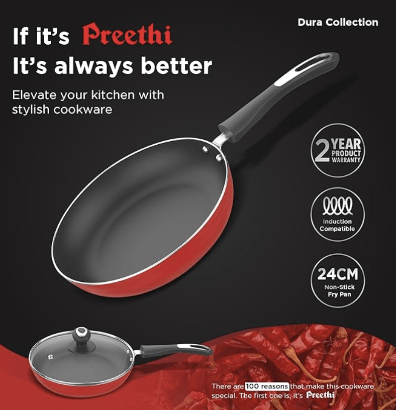 ‎Preethi Dura Collection Non Stick Fry Pan, 24 cm, with Glass Lid, Gas & Induction Compatible, 5 Star Non Stick Effect, Chilly Red