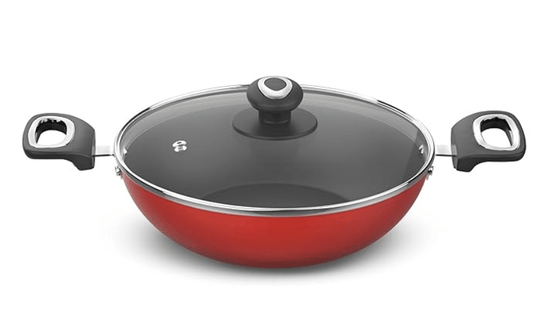 ‎Preethi Dura Collection Non Stick Kadai, 24 cm, with Glass Lid, Gas & Induction Compatible, 5 Star Non Stick Effect, Chilly Red