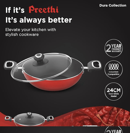 ‎Preethi Dura Collection Non Stick Kadai, 24 cm, with Glass Lid, Gas & Induction Compatible, 5 Star Non Stick Effect, Chilly Red