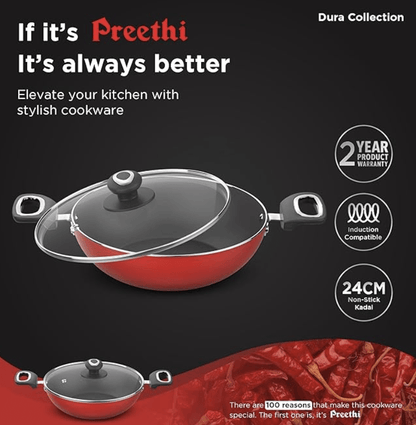 ‎Preethi Dura Collection Non Stick Kadai, 26 cm, with Glass Lid, Gas & Induction Compatible, 5 Star Non Stick Effect, Chilly Red