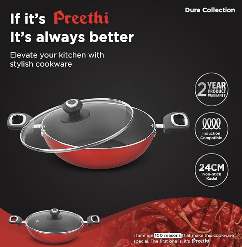 ‎Preethi Dura Collection Non Stick Kadai, 26 cm, with Glass Lid, Gas & Induction Compatible, 5 Star Non Stick Effect, Chilly Red-2