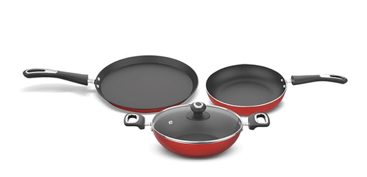 Preethi Dura Collection Non Stick Set, 28 cm Tawa, 26 cm Frying Pan, 26 cm Kadai, with Glass Lid, Gas & Induction Compatible, 5 Star Non Stick Effect, Chilly Red
