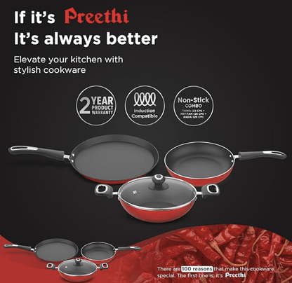 Preethi Dura Collection Non Stick Set, 28 cm Tawa, 26 cm Frying Pan, 26 cm Kadai, with Glass Lid, Gas & Induction Compatible, 5 Star Non Stick Effect, Chilly Red