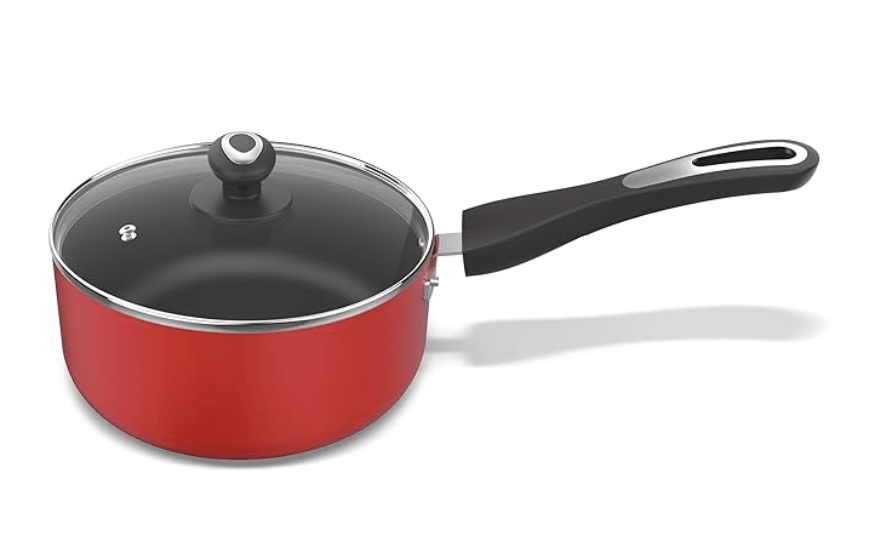 ‎Preethi Dura Collection Non Stick Milk Pan, 16 cm, with Glass Lid, Gas & Induction Compatible, 5 Star Non Stick Effect, Chilly Red