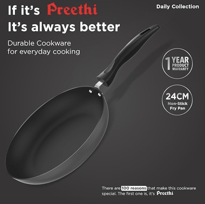 ‎Preethi Daily Collection Non Stick Fry Pan 24 cm, 5 Star Non Stick Effect, Grey