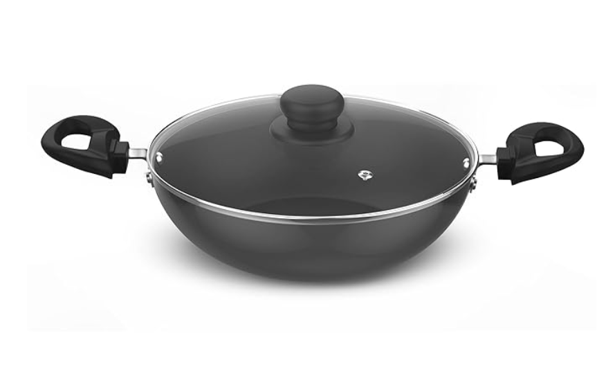 ‎Preethi Daily Collection Non Stick Kadai 24 cm, with Glass Lid, 5 Star Non Stick Effect, Grey