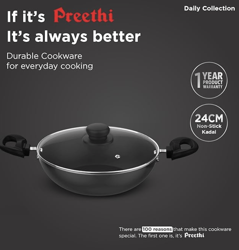 ‎Preethi Daily Collection Non Stick Kadai 24 cm, with Glass Lid, 5 Star Non Stick Effect, Grey