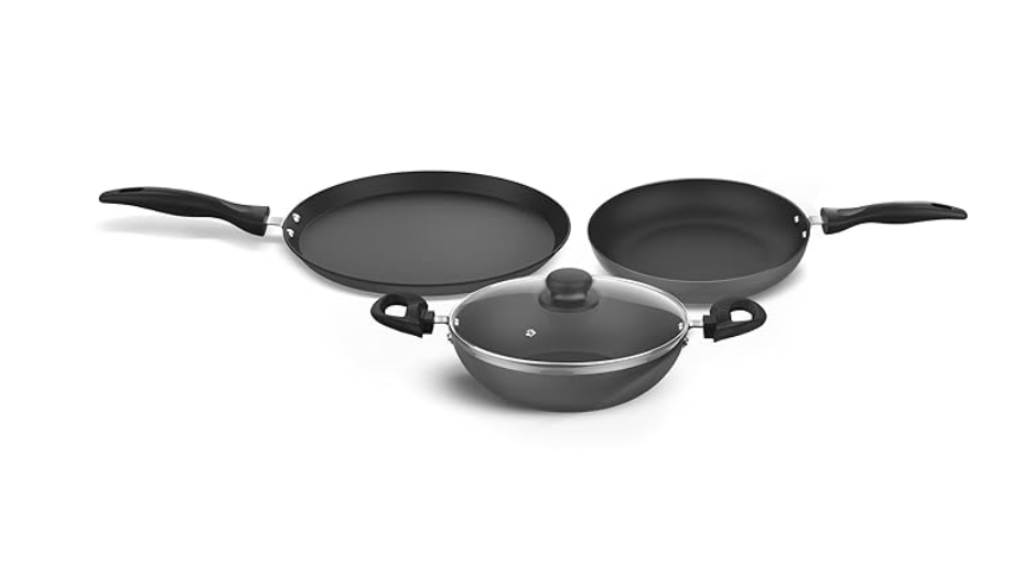 ‎Preethi Daily Collection Non Stick Set, 28 cm Tawa, 24 cm Fry Pan, Kadai 24 cm, with Glass Lid, 5 Star Non Stick Effect, Grey