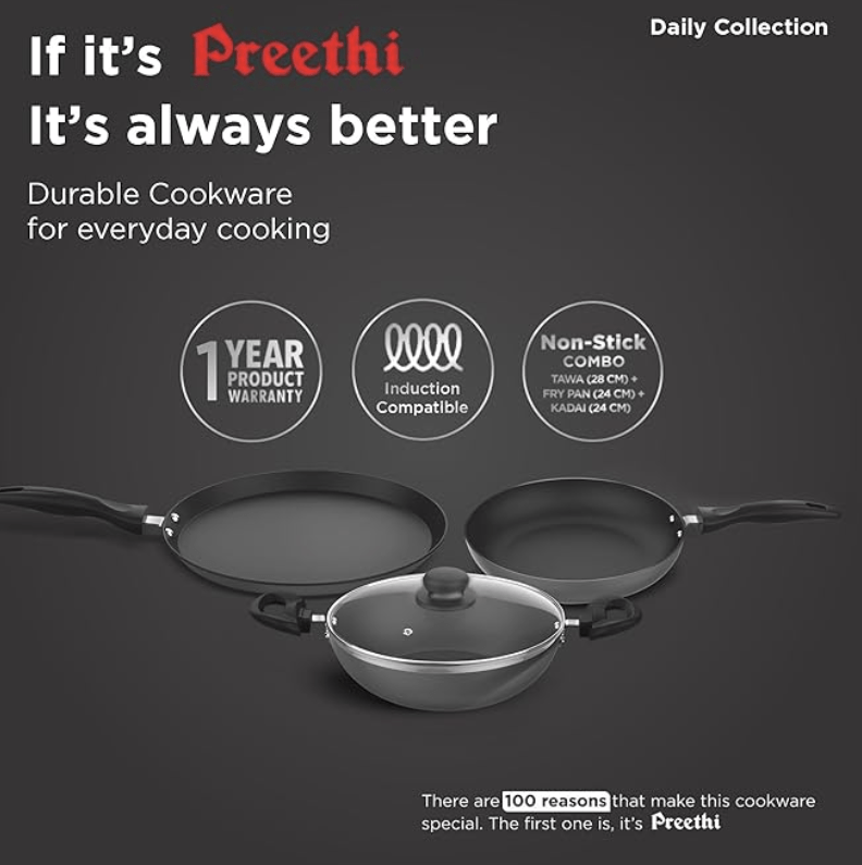 ‎Preethi Daily Collection Non Stick Set, 28 cm Tawa, 24 cm Fry Pan, Kadai 24 cm, with Glass Lid, 5 Star Non Stick Effect, Grey