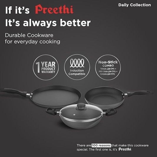 ‎Preethi Daily Collection Non Stick Set, 28 cm Tawa, 24 cm Fry Pan, Kadai 24 cm, with Glass Lid, 5 Star Non Stick Effect, Grey