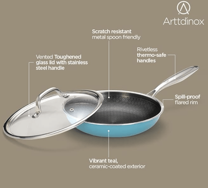 ARTTDINOX Vida Stainless Steel Triply Frypan with Glass Lid | 24 cm | 1.8 LTR | Etched nonstick PTFE | Rivetless Handle | Gas & Induction Base | 7 Yrs Warranty | Jindal Stainless