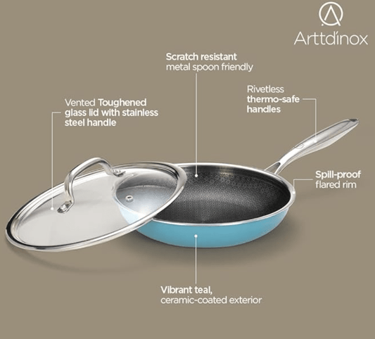 ARTTDINOX Vida Stainless Steel Triply Frypan with Glass Lid | 24 cm | 1.8 LTR | Etched nonstick PTFE | Rivetless Handle | Gas & Induction Base | 7 Yrs Warranty | Jindal Stainless