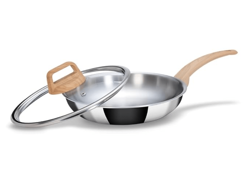 ARTTDINOX Timber Frying Pan Stainless Steel | Steel Fry pan | Wood Finished Handle | Frying pan | Pan with Lid | Gas & Induction Base, 24cm/1.8Ltr, Jindal Stainless, Silver