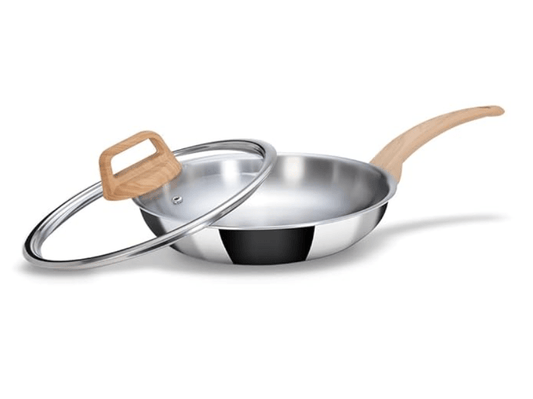 ARTTDINOX Timber Frying Pan Stainless Steel | Steel Fry pan | Wood Finished Handle | Frying pan | Pan with Lid | Gas & Induction Base, 24cm/1.8Ltr, Jindal Stainless, Silver