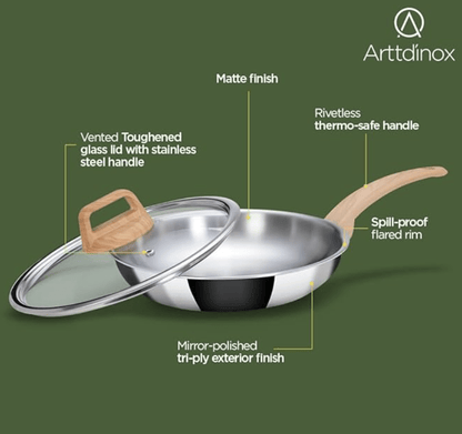 ARTTDINOX Timber Frying Pan Stainless Steel | Steel Fry pan | Wood Finished Handle | Frying pan | Pan with Lid | Gas & Induction Base, 24cm/1.8Ltr, Jindal Stainless, Silver