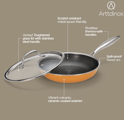 ARTTDINOX Vida Stainless Steel Triply Frypan with Lid | 24 cm | 1.8 LTR | Etched nonstick (PTFE) | Rivetless Handle | Gas &amp; Induction Base | 7 Yrs Warranty | Jindal Stainless