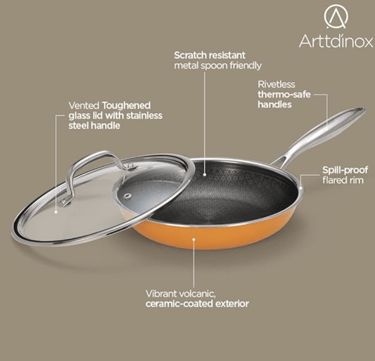 ARTTDINOX Vida Stainless Steel Triply Frypan with Lid | 24 cm | 1.8 LTR | Etched nonstick (PTFE) | Rivetless Handle | Gas &amp; Induction Base | 7 Yrs Warranty | Jindal Stainless