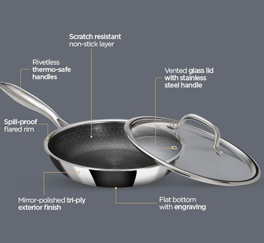 ARTTDINOX Stellar Stainless Steel Triply Frypan with Lid | Frying Pan | Etched nonstick PTFE | Non Stick Pan | Frying Pan Non Stick | Induction & Gas Base | Jindal Stainless, 26cm/2.1Ltr, Silver