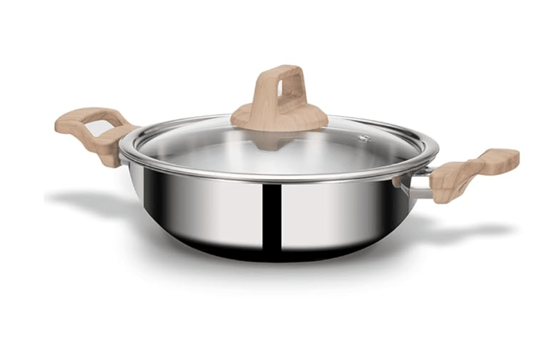 ARTTDINOX Timber Stainless Steel Triply Kadhai with Glass Lid | 26 cm | 3.2 LTR | Wood Finished Handle | Gas & Induction Base | 7 Yrs Warranty | Jindal Stainless-1