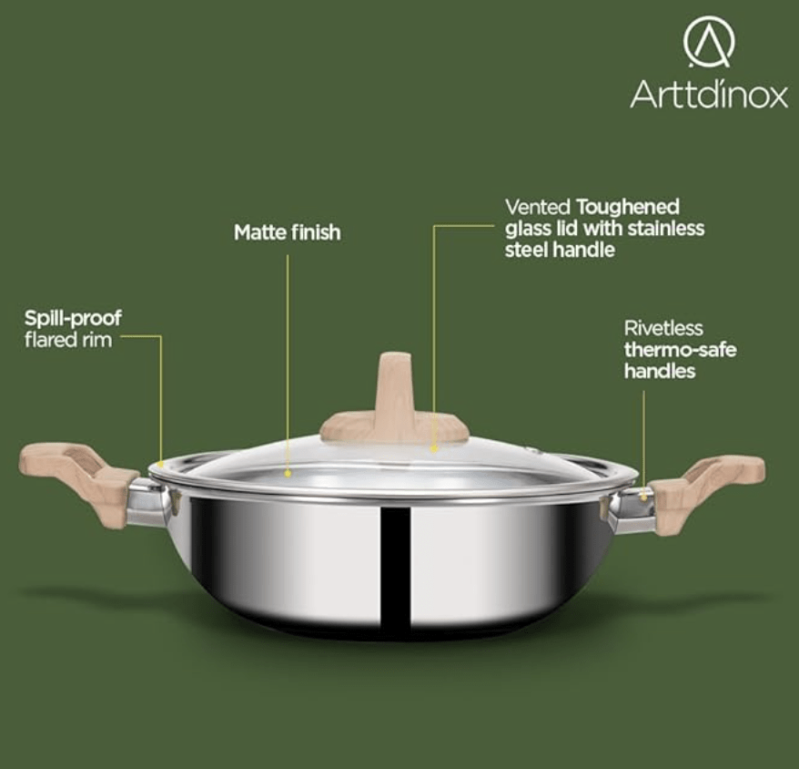 ARTTDINOX Timber Stainless Steel Triply Kadhai with Glass Lid | 24 cm | 2.7 LTR | Wood Finished Handle | Gas & Induction Base | 7 Yrs Warranty | Jindal Stainless