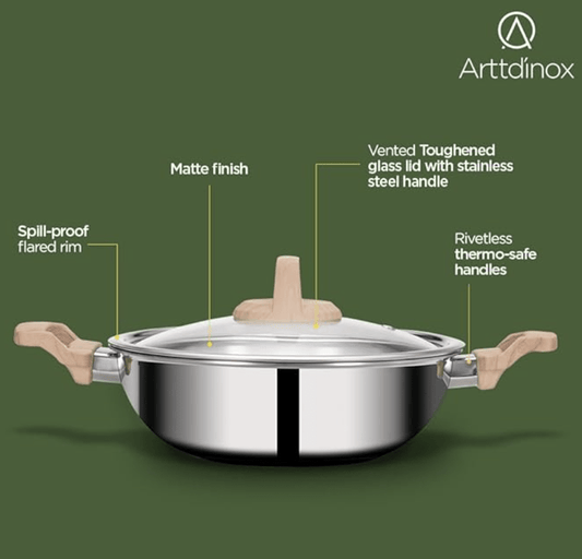 ARTTDINOX Timber Stainless Steel Triply Kadhai with Glass Lid | 24 cm | 2.7 LTR | Wood Finished Handle | Gas & Induction Base | 7 Yrs Warranty | Jindal Stainless