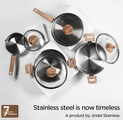 ARTTDINOX Timber Stainless Steel Triply Kadhai with Glass Lid | 26 cm | 3.2 LTR | Wood Finished Handle | Gas & Induction Base | 7 Yrs Warranty | Jindal Stainless