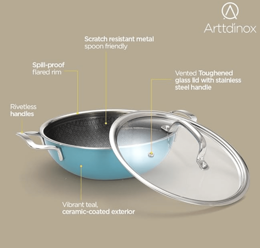ARTTDINOX Vida Stainless Steel Triply Kadhai with Glass Lid | 24 cm | 2.7 LTR | Etched nonstick | Rivetless Wired Double Handles | Induction & Gas Base | 7 Yrs Warranty | Jindal Stainless