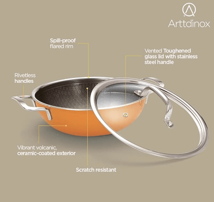 ARTTDINOX Vida Stainless Steel Triply 24 cm 2.7 LTR Kadhai with Glass Lid | Etched nonstick with Rivetless Wired Double Handles | Induction & Gas Base | 7 Yrs Warranty | Jindal Stainless