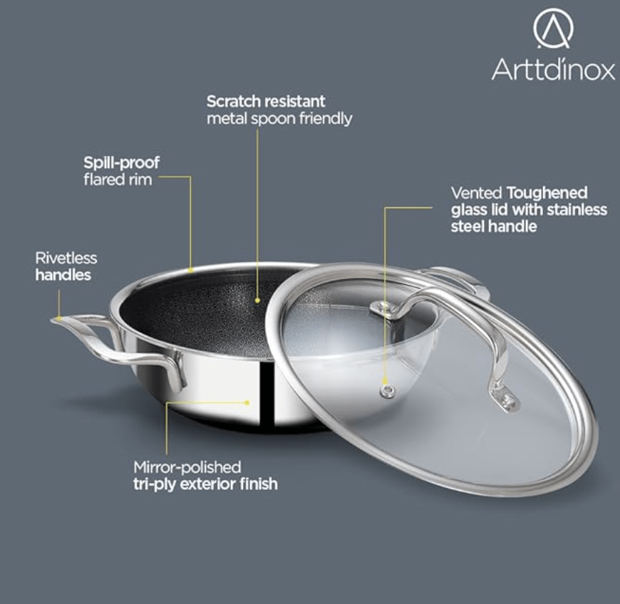 ARTTDINOX Stellar Stainless Steel Triply Kadhai with Lid | 26 cm | 3.2 LTR | Etched nonstick PTFE | Rivetless Handles | Gas & Induction Base | 7 Yrs Warranty | Jindal Stainless